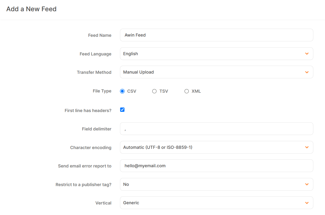 How to set new feed's main settings in Awin during manual upload