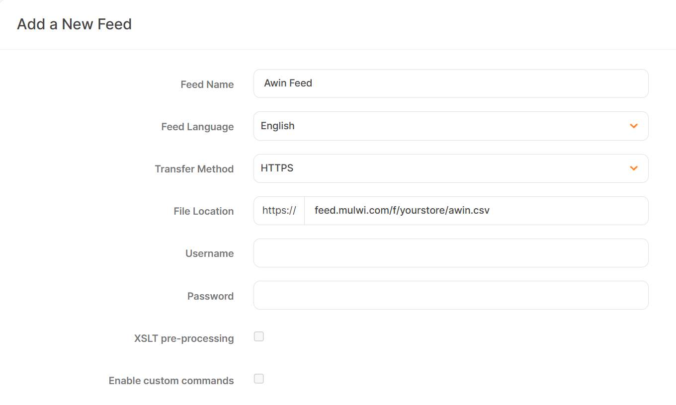 How to set new feed's main settings in Awin during HTTPS upload