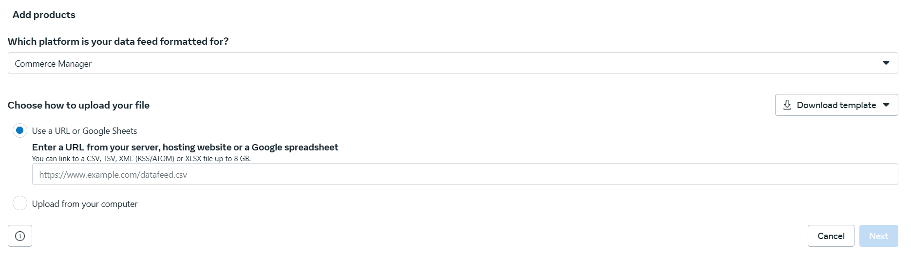 How to connect a feed to a new Facebook catalog (upload method)