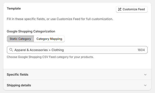 Use static category in a prebuilt feed template