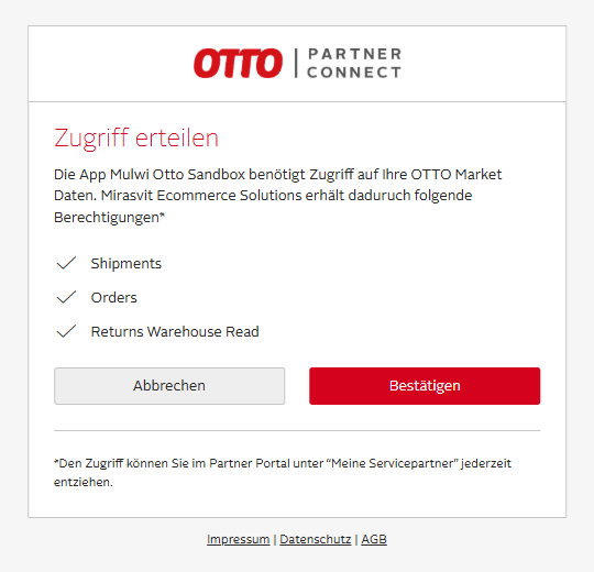 How to set up OTTO Order Import connection in Mulwi (account access permission)