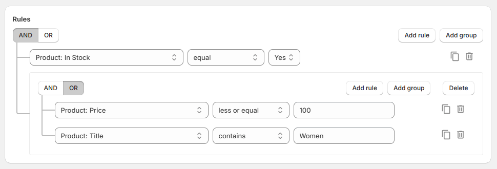 How to create a product filter with multiple rules and groups