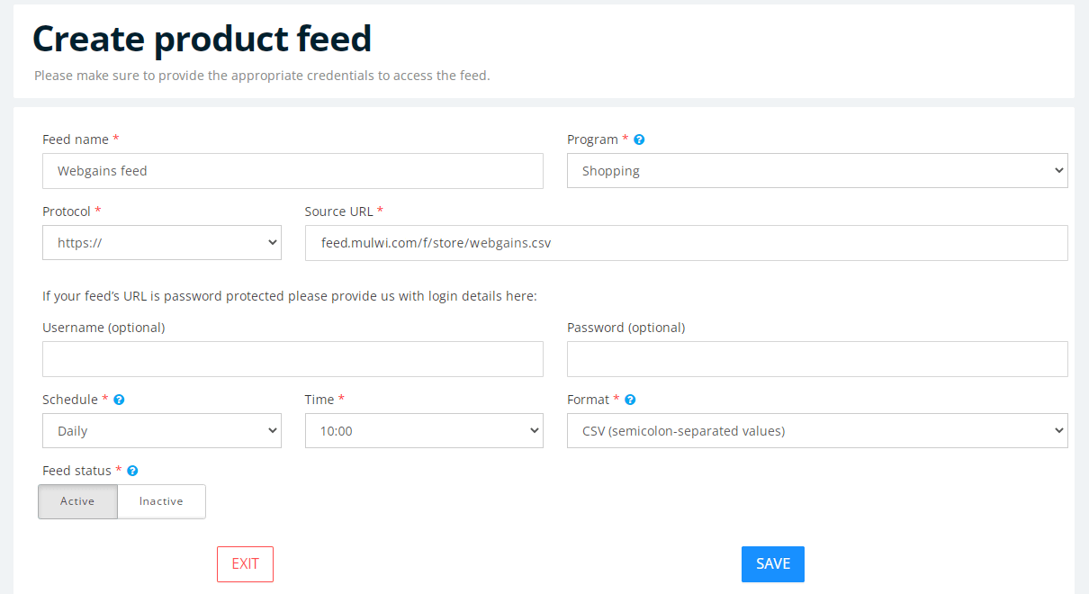How to connect a new feed to Webgains